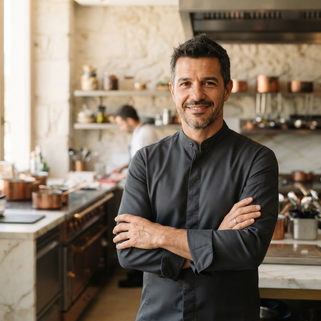 Chef Antônio Dantas numa cozinha contemporânea